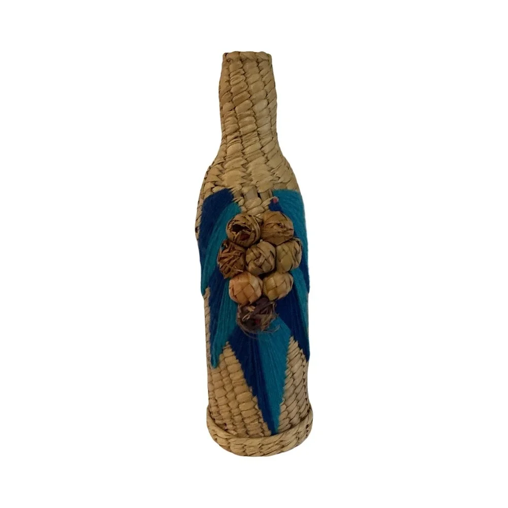 Vintage Woven Straw Bottle Cover Folk Art Blue Yarn‎ Grapes Decorative Decanter